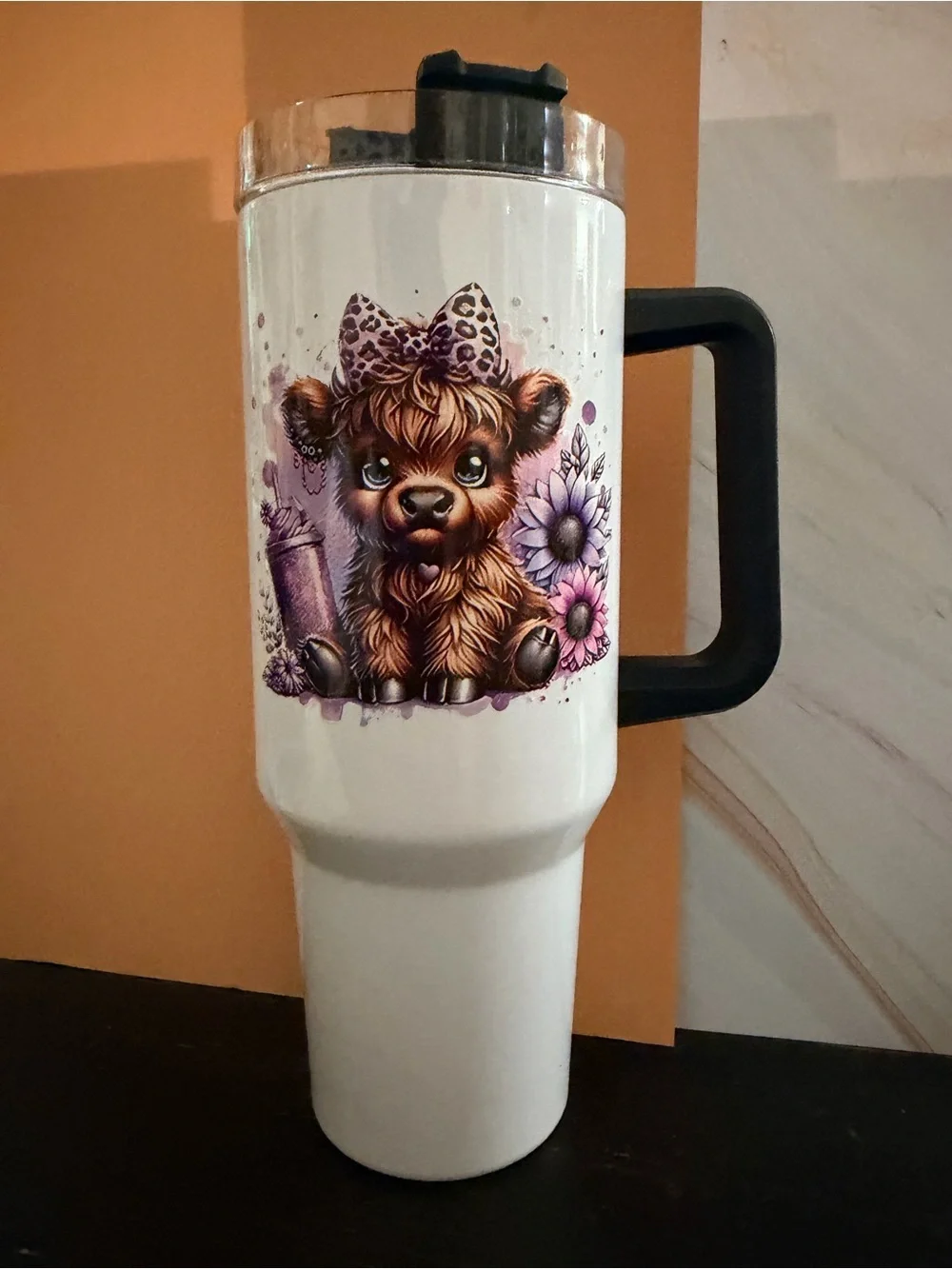 32 oz Highlander Baby Cows Purple Flowers Stainless Steel Insulated Tumbler